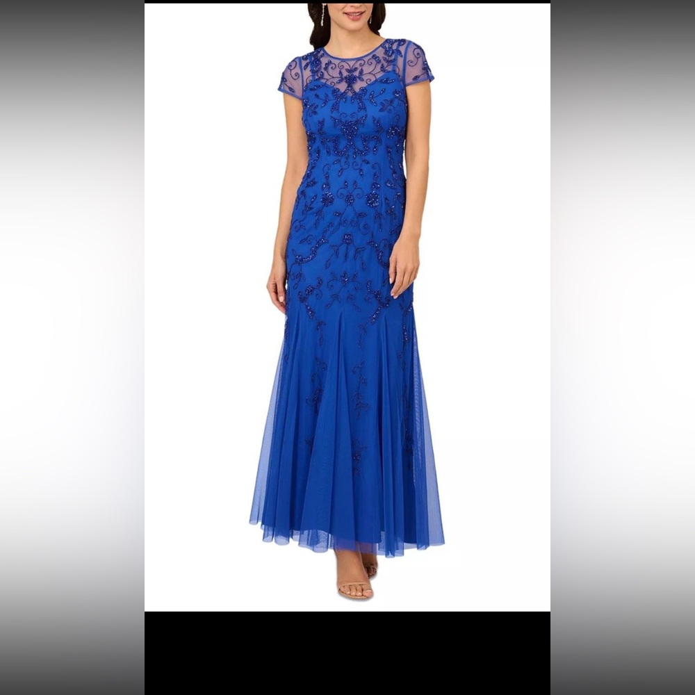 Badgley Mischka Royal Blue Beaded Gown Sheer Mesh Cap Sleeve FormalEvening Dress